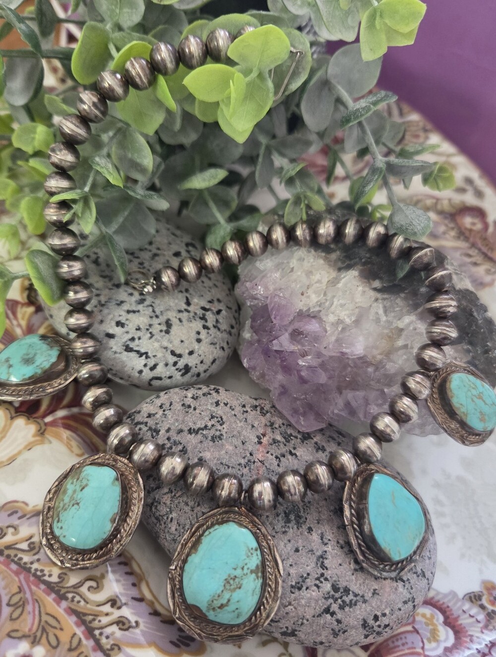 Stunning Vintage Hand Signed Native American Sterling Turquoise Station Necklace